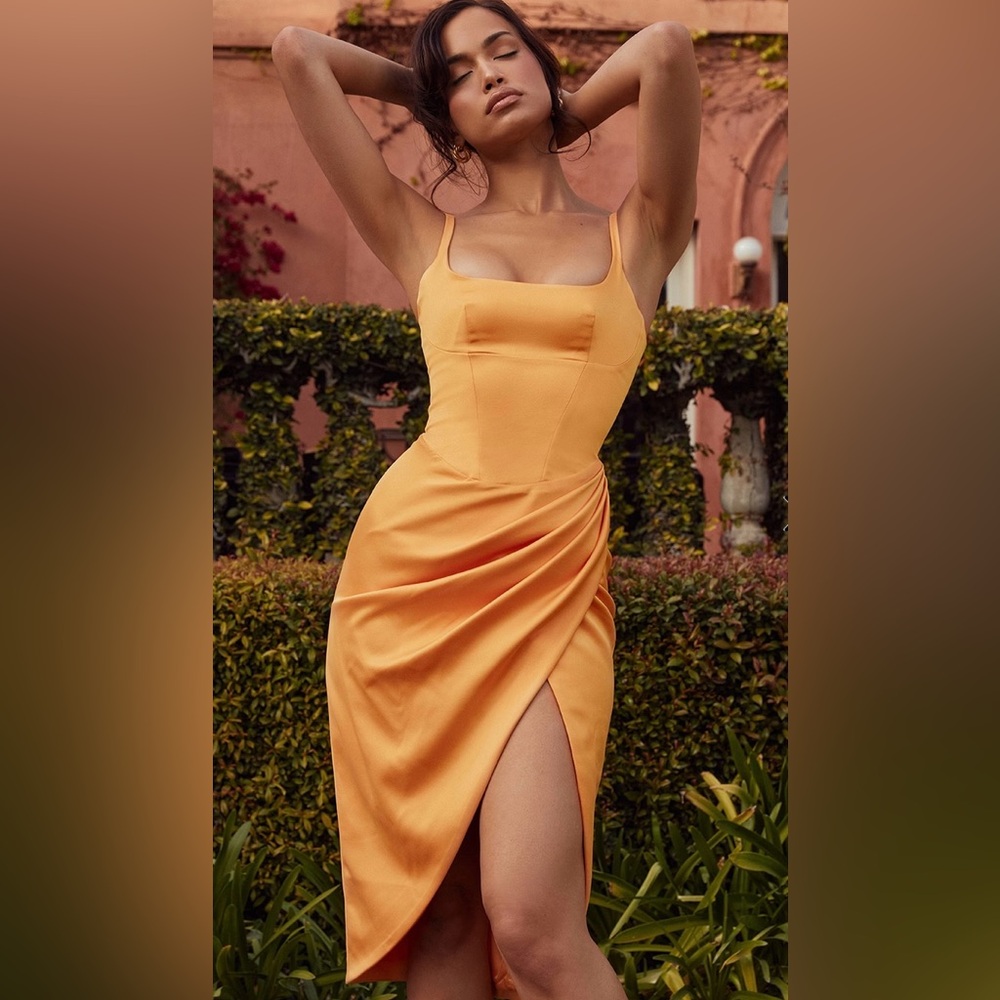 House of CB BIANCA (Tangerine) Satin Pleated Corset Midi Dress NWT